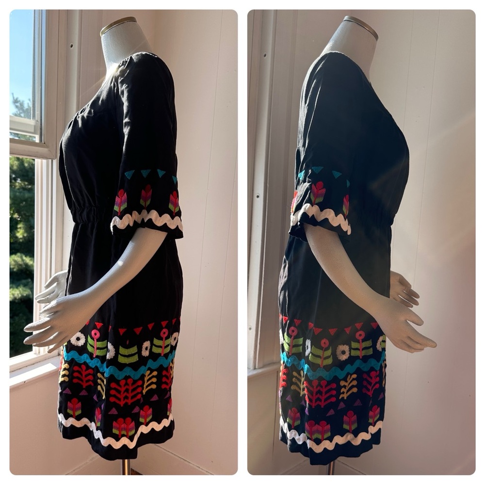 PHOEBE COUTURE Silk Floral Embroidered Dress, Bell Sleeve, Full Skirt - Picture 5 of 16